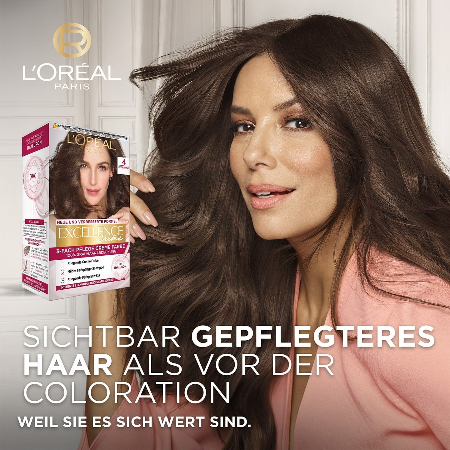 Excellence Creme Produktverpackungen mit Eva Longoria im Vordergrund mit sichtbar gepflegtem Haar